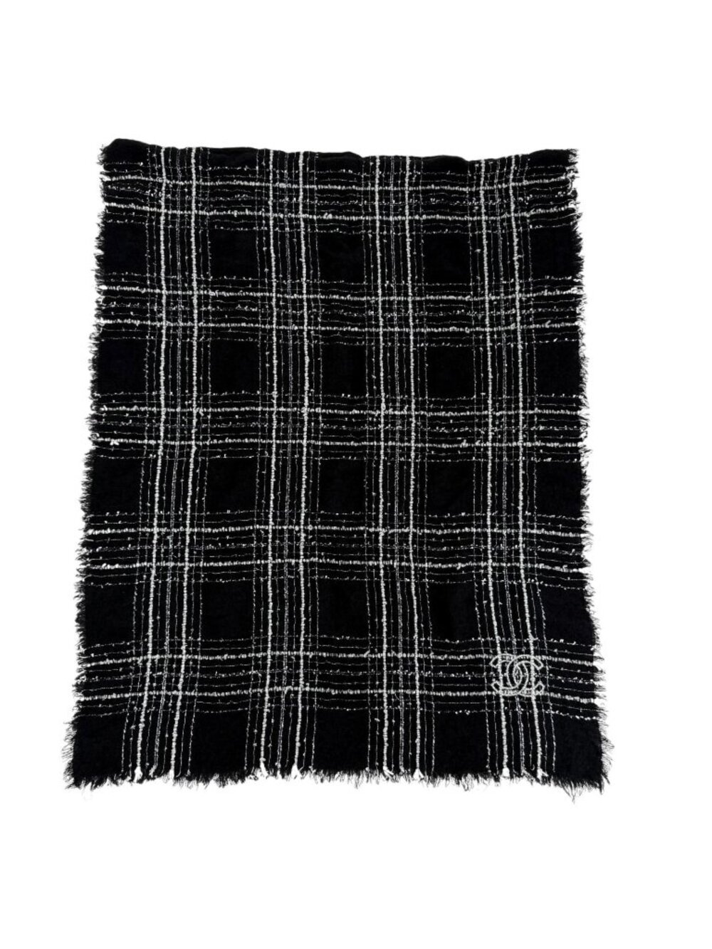 Chanel 23B Cashmere Silk Blend CC Logo Ribbon Plaid Fringe Large Shawl Black
